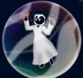 A fullbody drawing of Aurora floating in a magic, starry bubble.